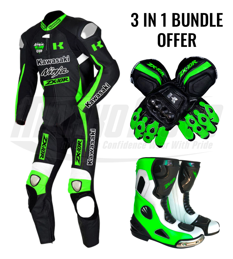 Kawasaki Ninja ZX-10R Racing Suit Cowhide and Kangaroo Leather Racing Suit 1pcs & 2pcs,Kawaski Racing Gloves, Kawasaki Racing Boots For Men and Women 3 in 1 Package