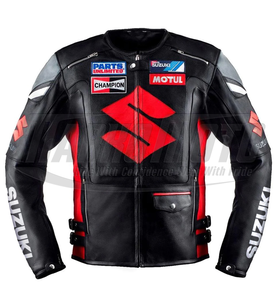 Suzuki White and Red Motorcycle Leather Racing Jacket