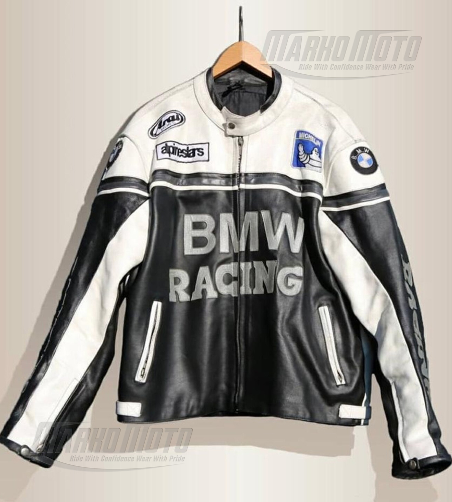 BMW Black & White Motorcycle Riding Leather Jacket