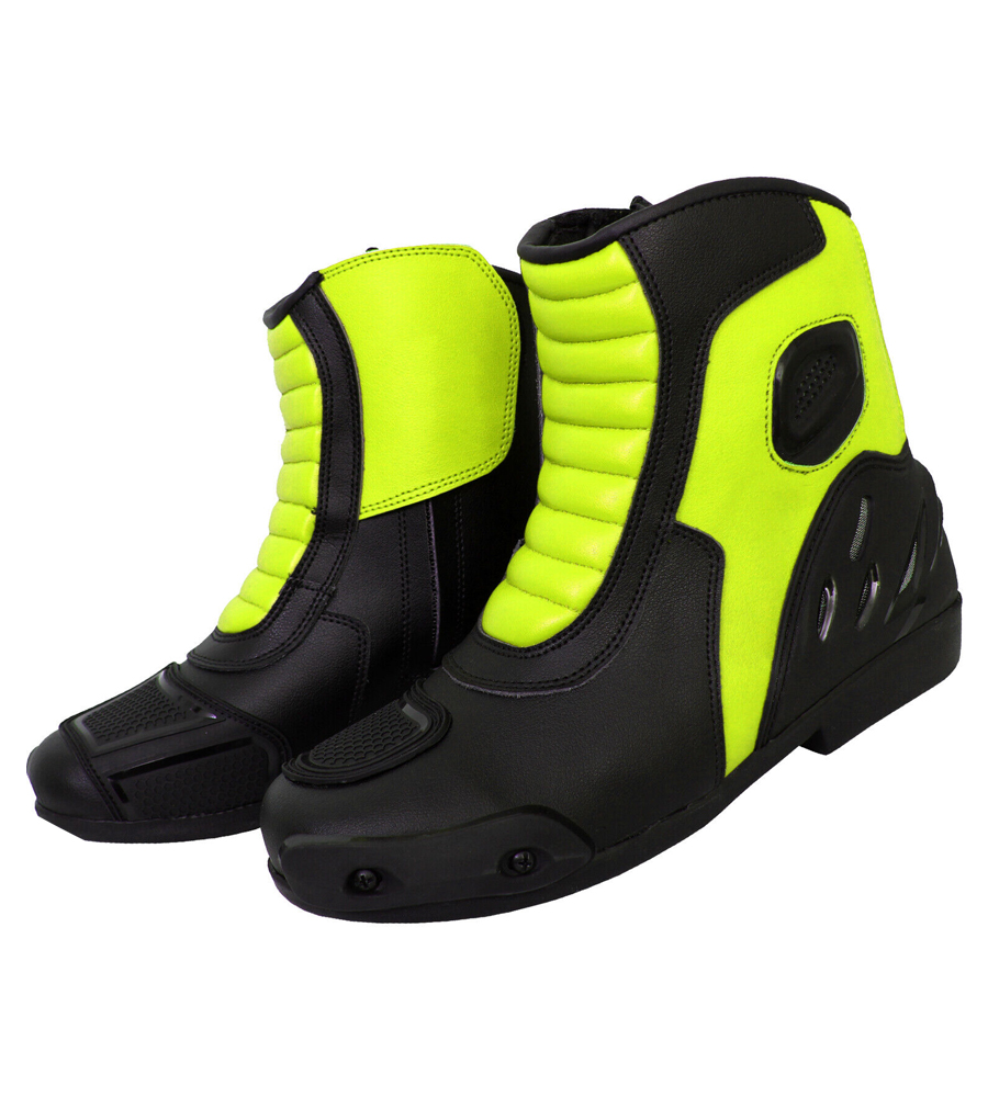 Sports Motorcycle Black and Hiviz Green Leather Short Racing Shoes