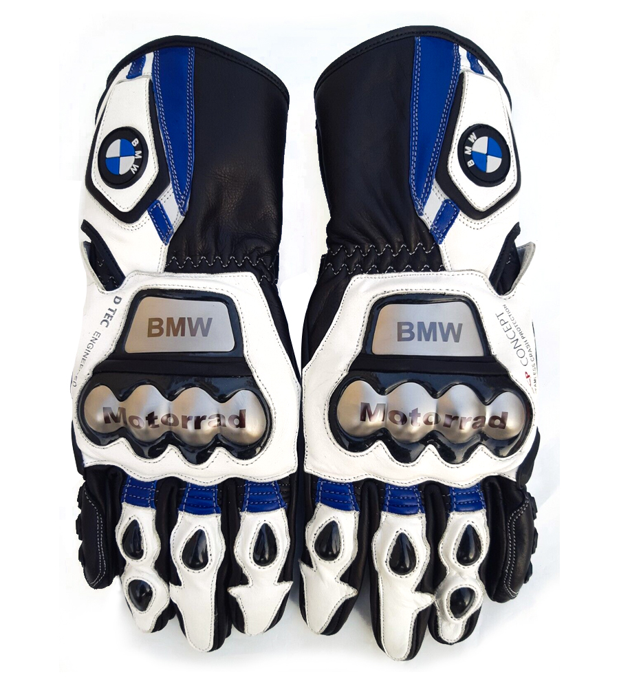 BMW Blue White Motorcycle Cowhide Leather Biker Gloves